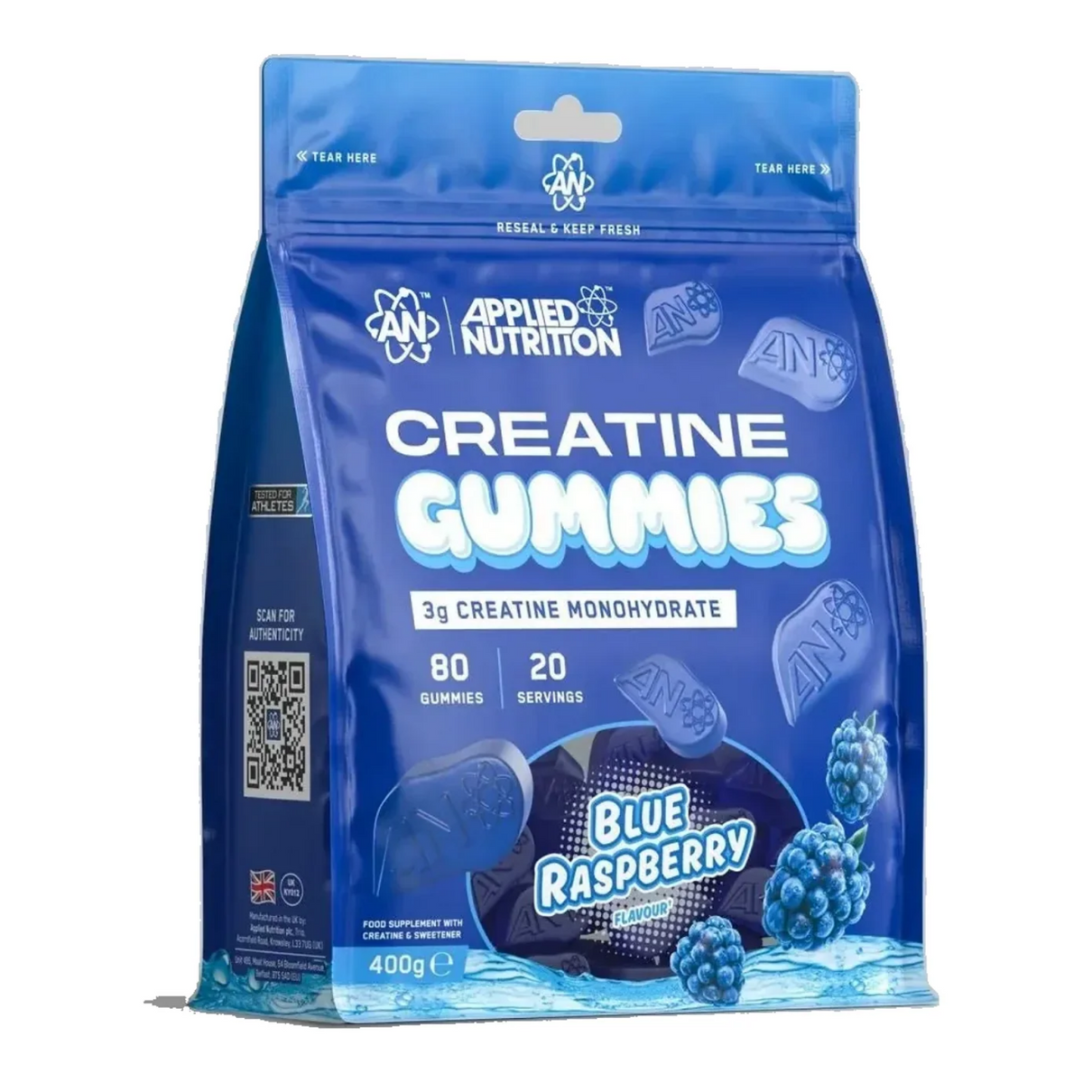 Pot d'Applied Nutrition Creatine Gummies, gommes à la créatine monohydrate, saveur Framboise Bleue