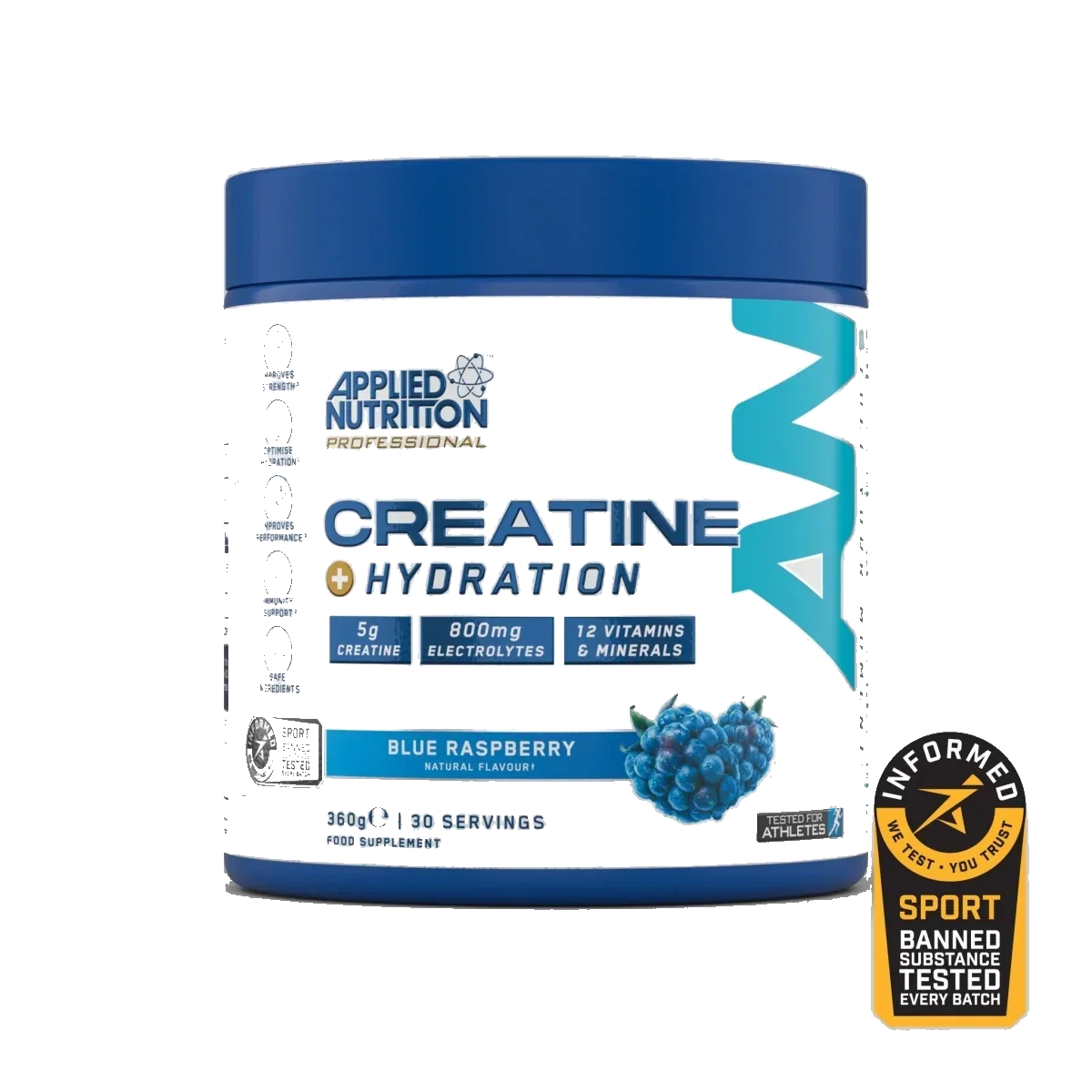Pot d'Applied Nutrition Creatine + Hydration, créatine et électrolytes, saveur Framboise Bleue