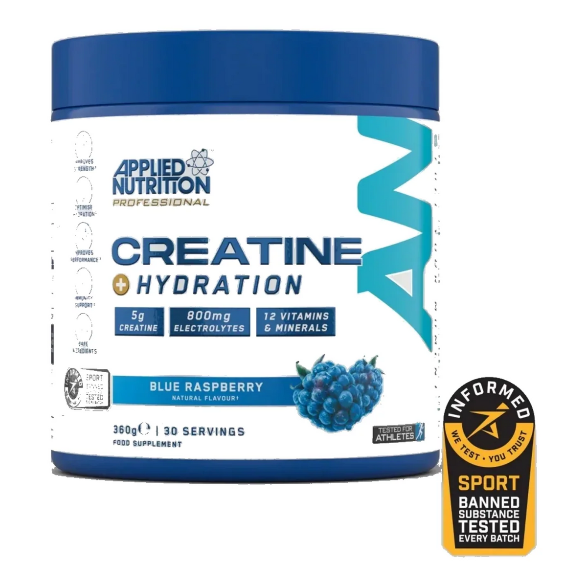 Pot d'Applied Nutrition Creatine + Hydration, créatine et électrolytes, saveur Framboise Bleue