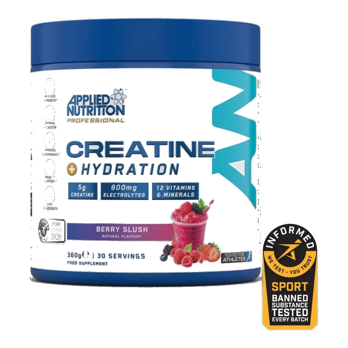 Pot d'Applied Nutrition Creatine + Hydration, créatine et électrolytes, saveur Fruits Rouges Glacés