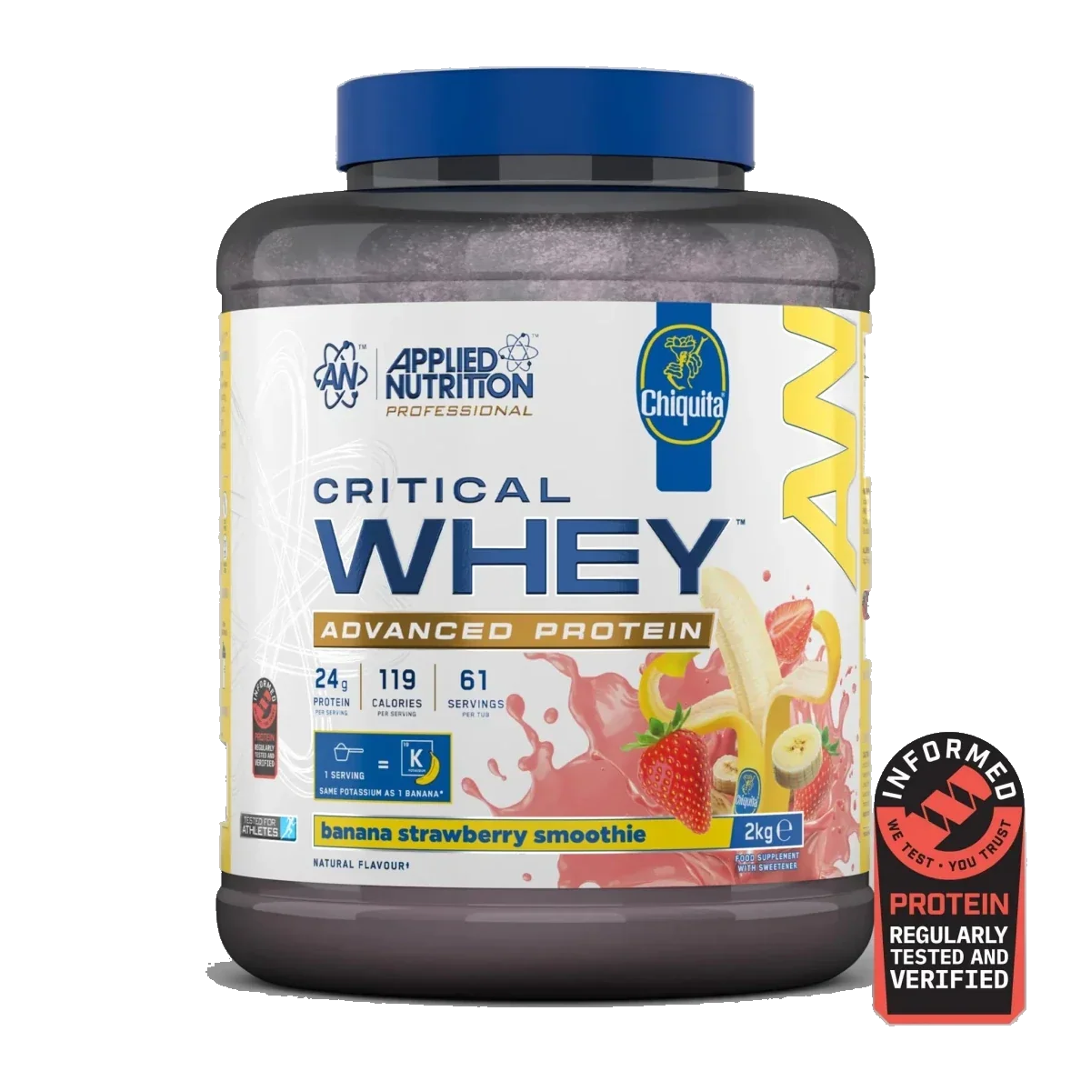 Pot d'Applied Nutrition Critical Whey, whey protéine, saveur Banane Fraise, 2 kg