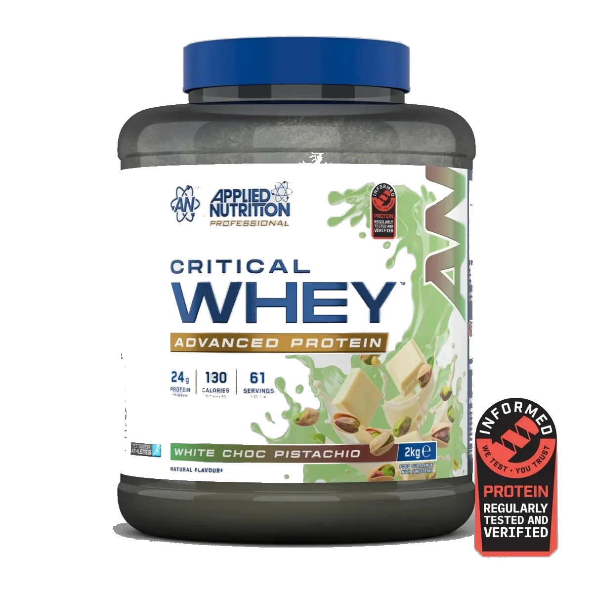 Pot d'Applied Nutrition Critical Whey, whey protéine, saveur Chocolat Blanc Pistache, 2 kg