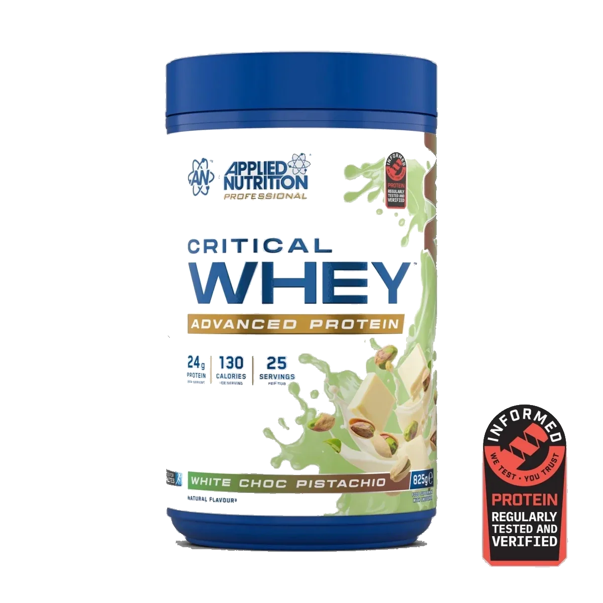 Pot d'Applied Nutrition Critical Whey, whey protéine, saveur Chocolat Blanc Pistache, 825 g