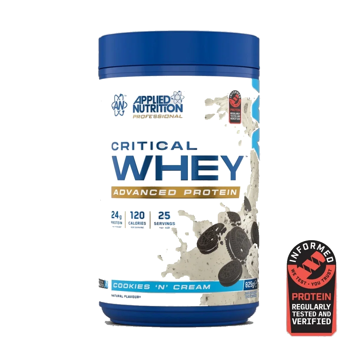 Pot d'Applied Nutrition Critical Whey, whey protéine, saveur Cookies & Cream, 825 g