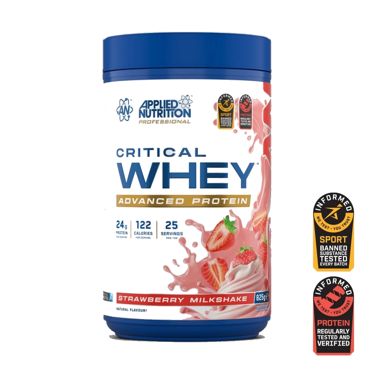 Pot d'Applied Nutrition Critical Whey, whey protéine, saveur Fraise, 825 g