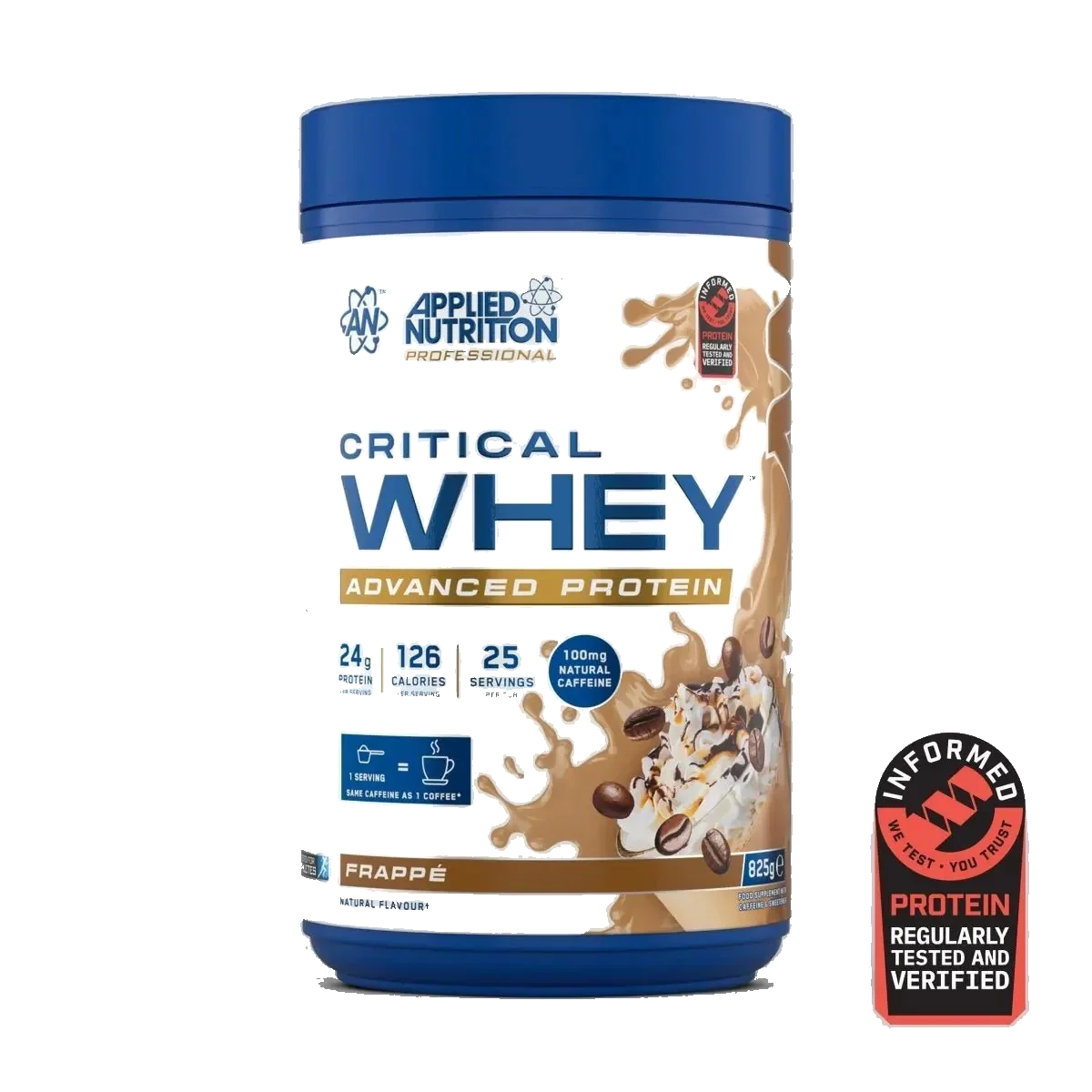 Pot d'Applied Nutrition Critical Whey, whey protéine, saveur Frappé, 825 g