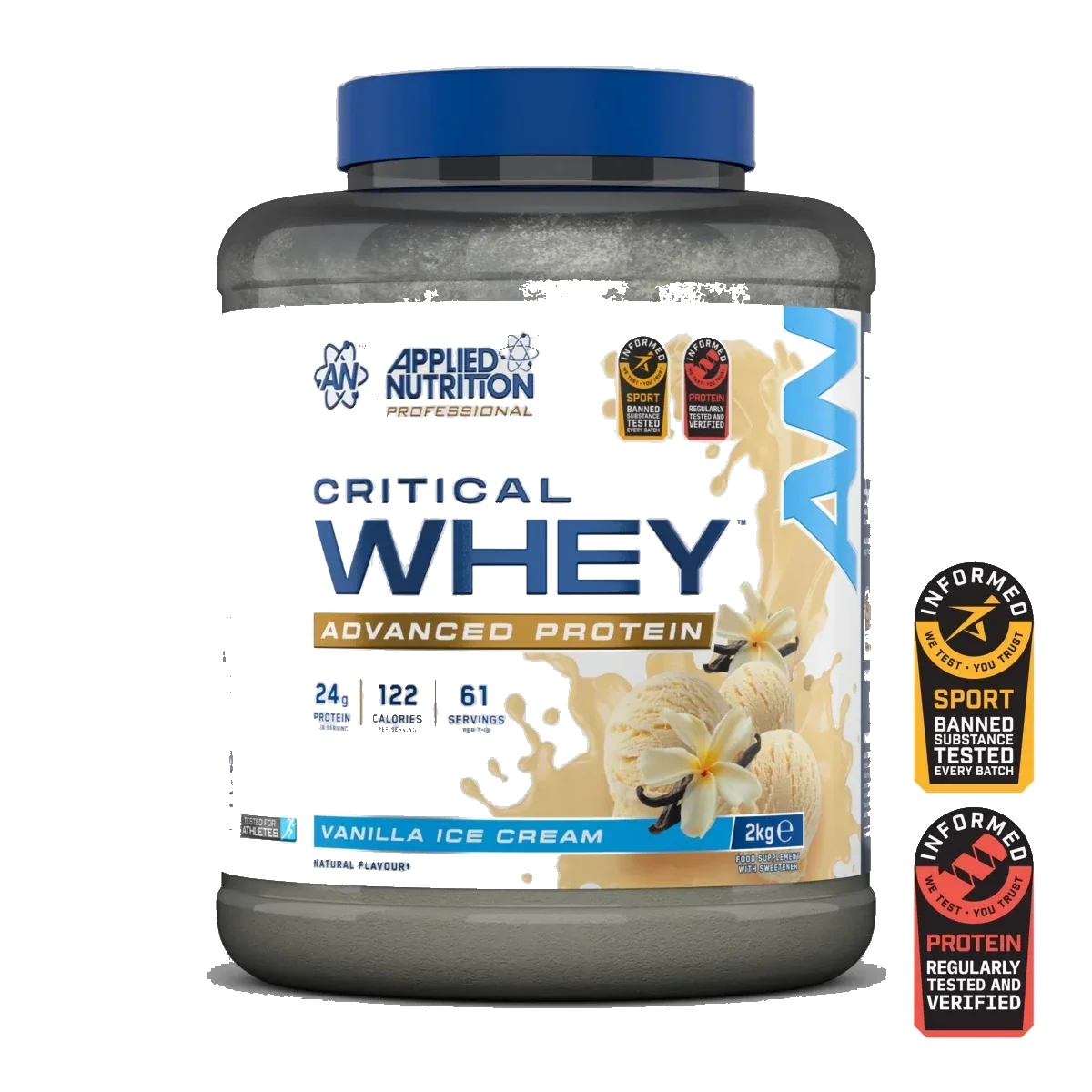 Pot d'Applied Nutrition Critical Whey, whey protéine, saveur Vanille, 2 kg