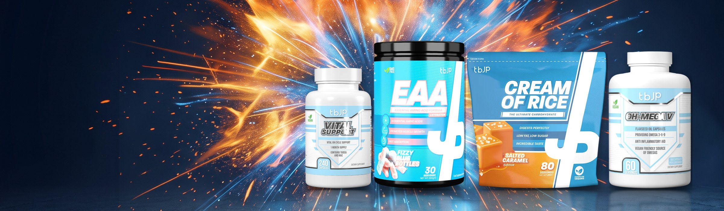 Gamme TrainedByJP chez KISS NUTRITION : EAA, Cream of Rice, Vital Support et OH-Mega V