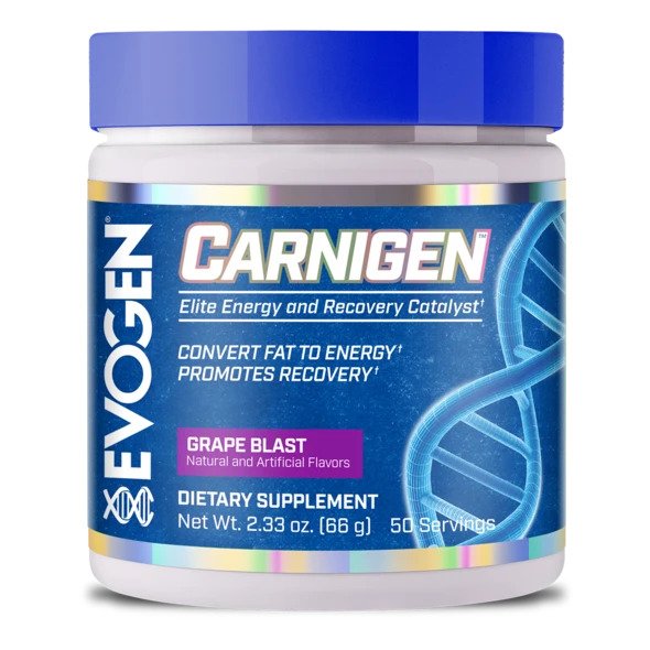 Pot d'Evogen Carnigen Powder, carnitine en poudre sans stimulant, saveur Raisin