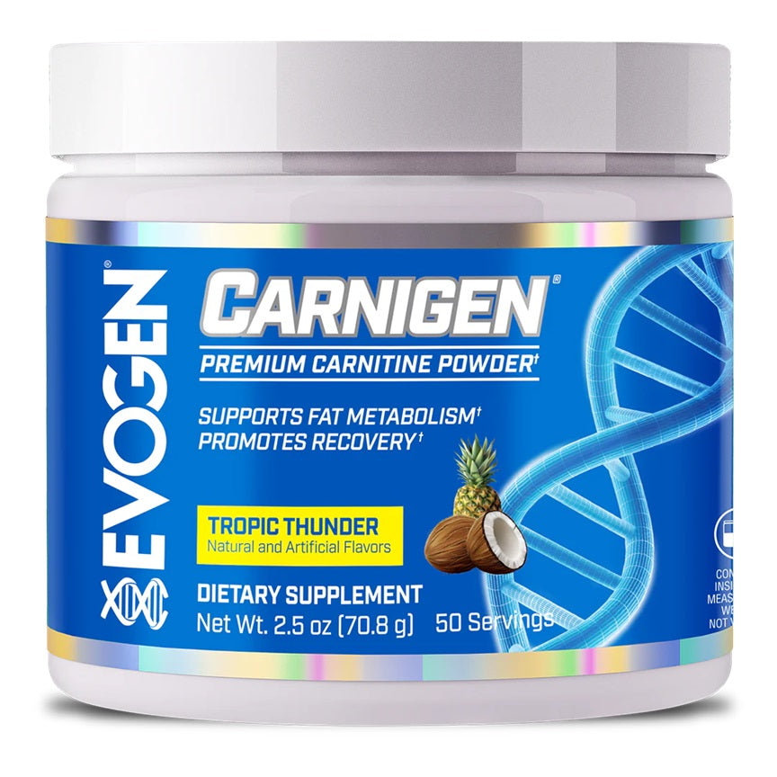 Pot d'Evogen Carnigen Powder, carnitine en poudre sans stimulant, saveur Tropic Thunder