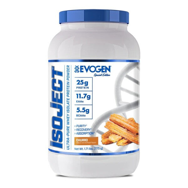 Pot d'Evogen IsoJect, isolat de whey filtré à froid, saveur Churro