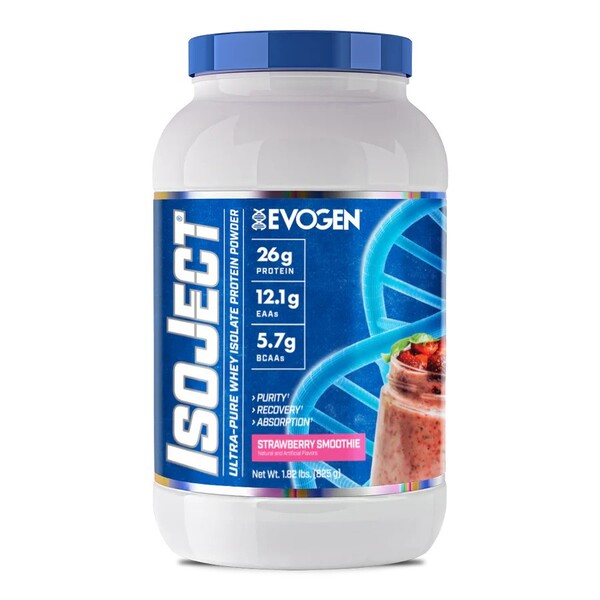 Pot d'Evogen IsoJect, isolat de whey filtré à froid, saveur Smoothie Fraise