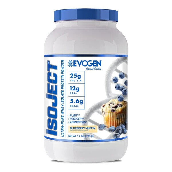 Pot d'Evogen IsoJect, isolat de whey filtré à froid, saveur Muffin Myrtille
