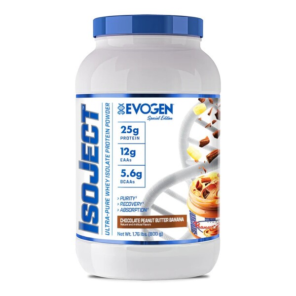 Pot d'Evogen IsoJect, isolat de whey filtré à froid, saveur Chocolat Cacahuète Banane