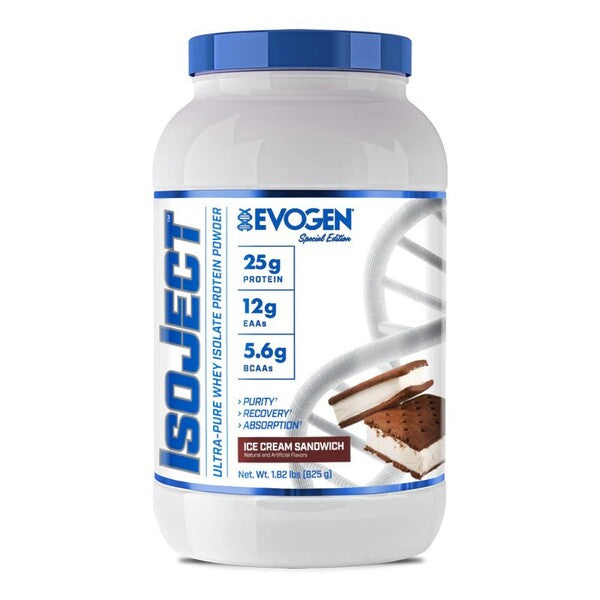 Pot d'Evogen IsoJect, isolat de whey filtré à froid, saveur Ice Cream Sandwich