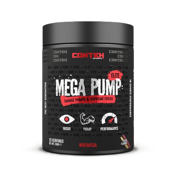 Pot de Conteh Sports Mega Pump Elite, avant-séance sans stimulant, saveur Pêche