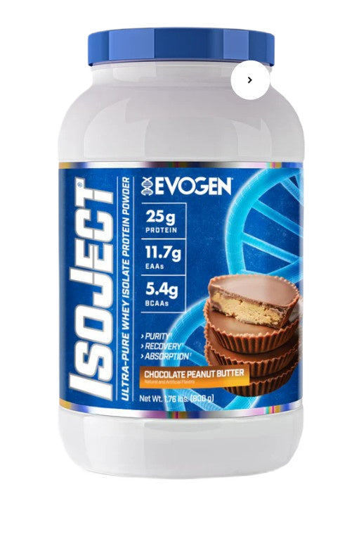 Pot d'Evogen IsoJect, isolat de whey filtré à froid, saveur Chocolat Cacahuète