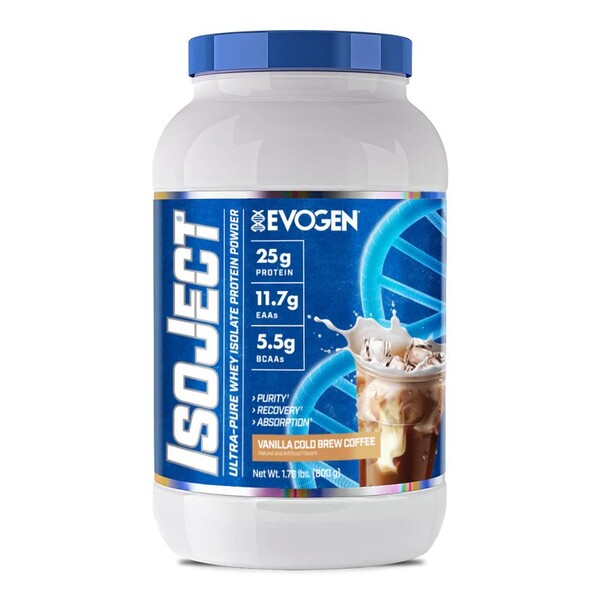 Pot d'Evogen IsoJect, isolat de whey filtré à froid, saveur Café Vanille Cold Brew