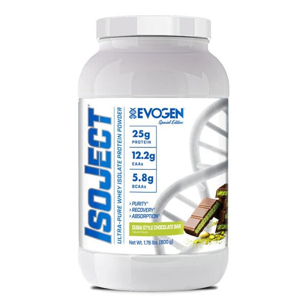 Pot d'Evogen IsoJect, isolat de whey filtré à froid, saveur Chocolat Dubaï