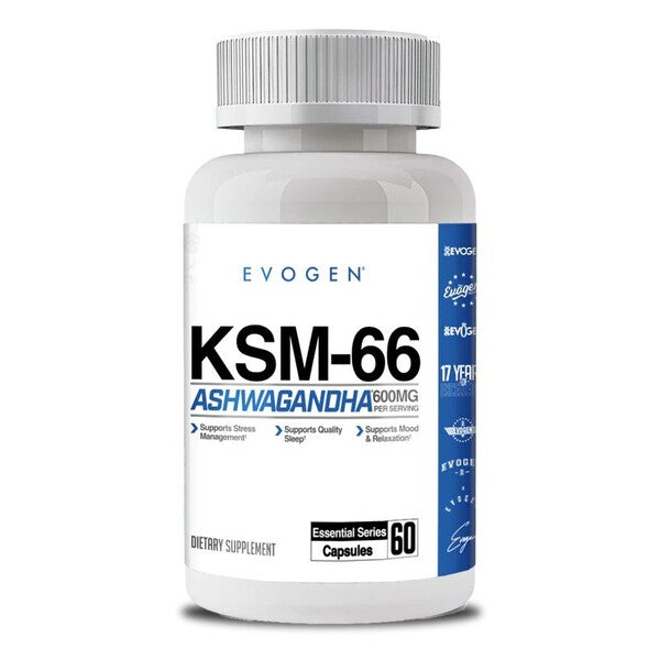 Flacon d'Evogen KSM-66 Ashwagandha, 600 mg par gélule végétale, 60 gélules