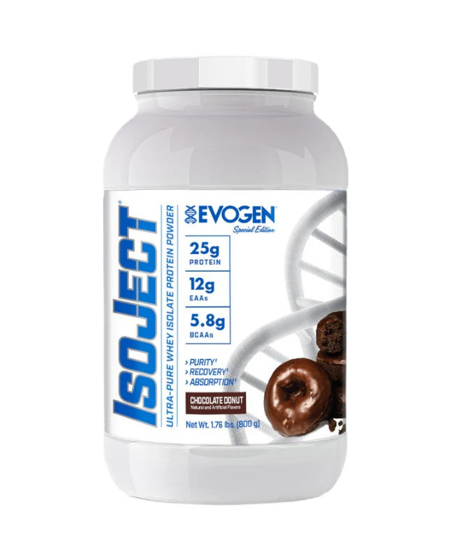 Pot d'Evogen IsoJect, isolat de whey filtré à froid, saveur Donut Chocolat