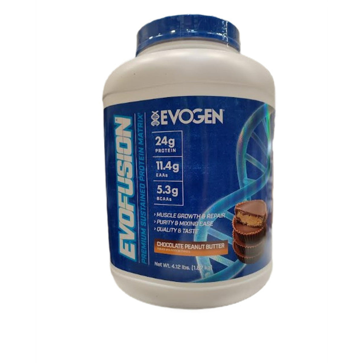 Pot d'Evogen Evofusion, mélange de trois protéines, saveur Chocolat Cacahuète